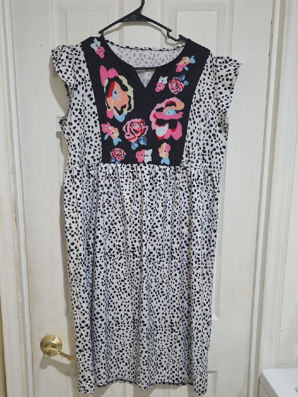 Girls Black & White Dalmatian Print Dress with Pink Floral Yoke